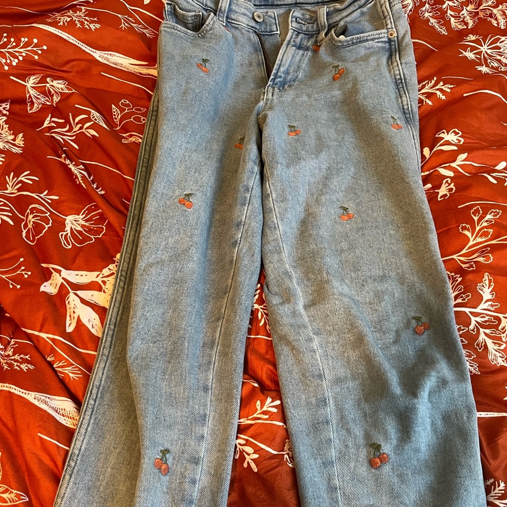 Embroidered Cherry Blue Jeans
